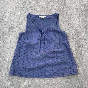 Chelsea And Theodore Top Womens Medium Blue Floral Eyelet Cotton Lace Up Cottage
